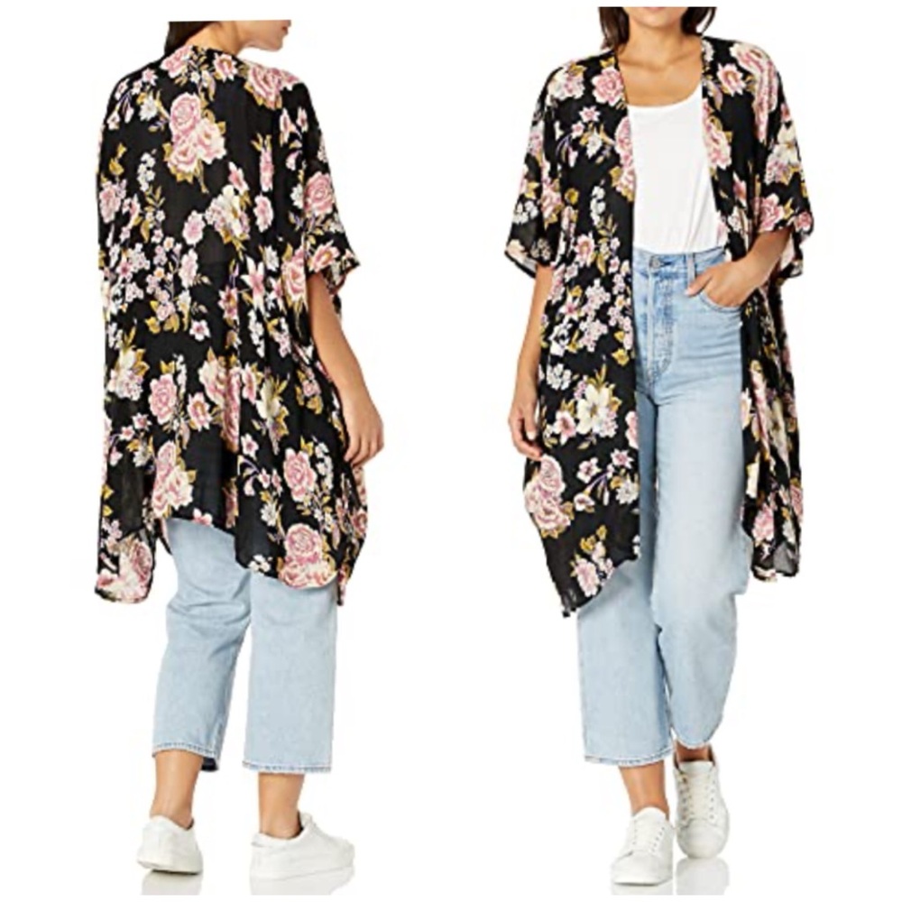 Angie‎ Black Floral Shawl Kimono Size M